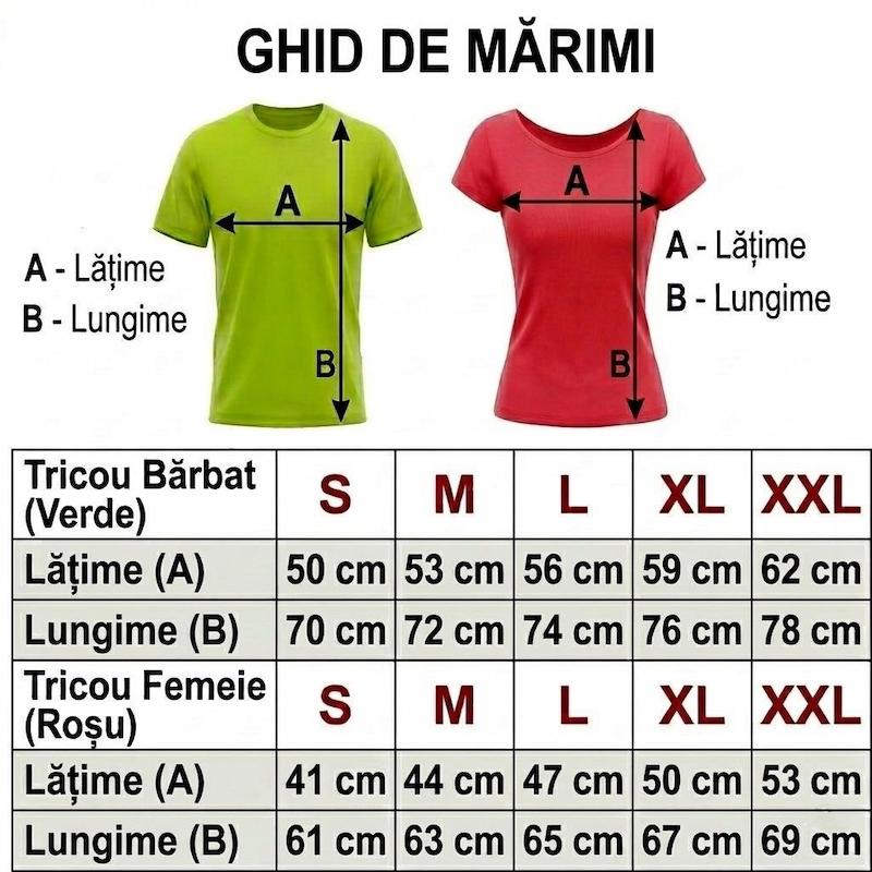 Ghid mărimi tricouri cuplu bumbac - Tabel dimensiuni lățime și lungime pentru tricouri bărbați și damă
